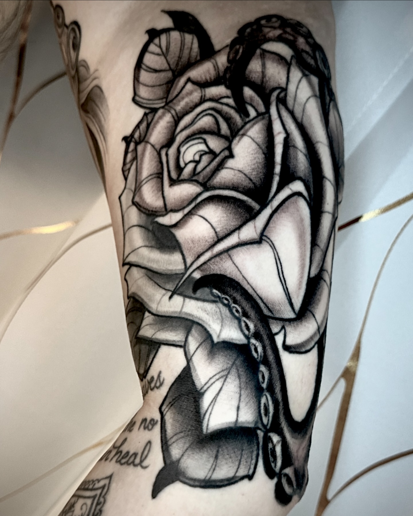 Rose realism tattoo on the forearm by Ty Pallotta, Austin, Texas