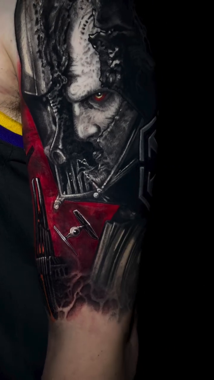 Man's portrait and mechanical parts dark realism tattoo by Aaron Moonan🩸Tattoo Artist NY