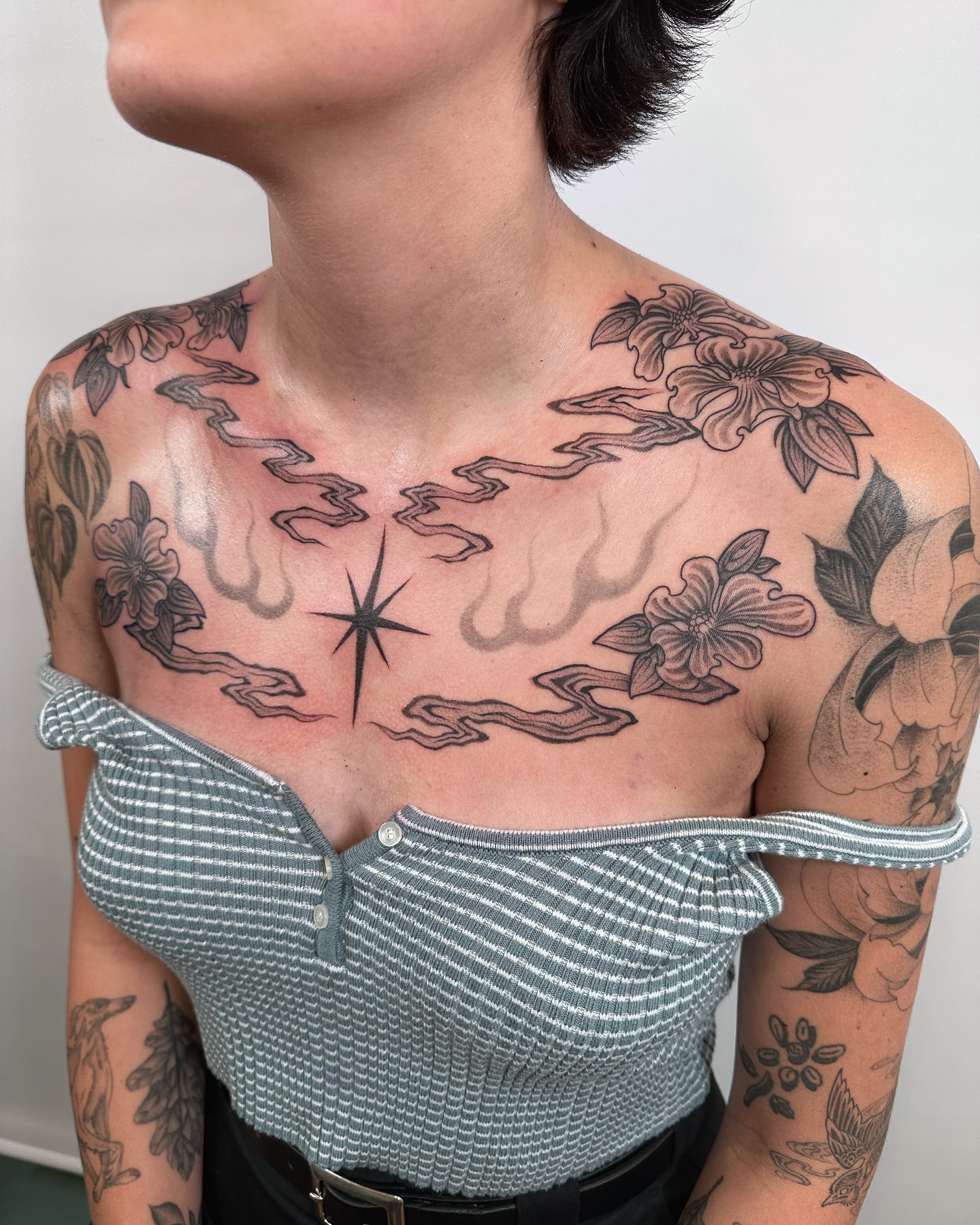 Sky and star black and grey tattoo on the chest by abigail 🌸