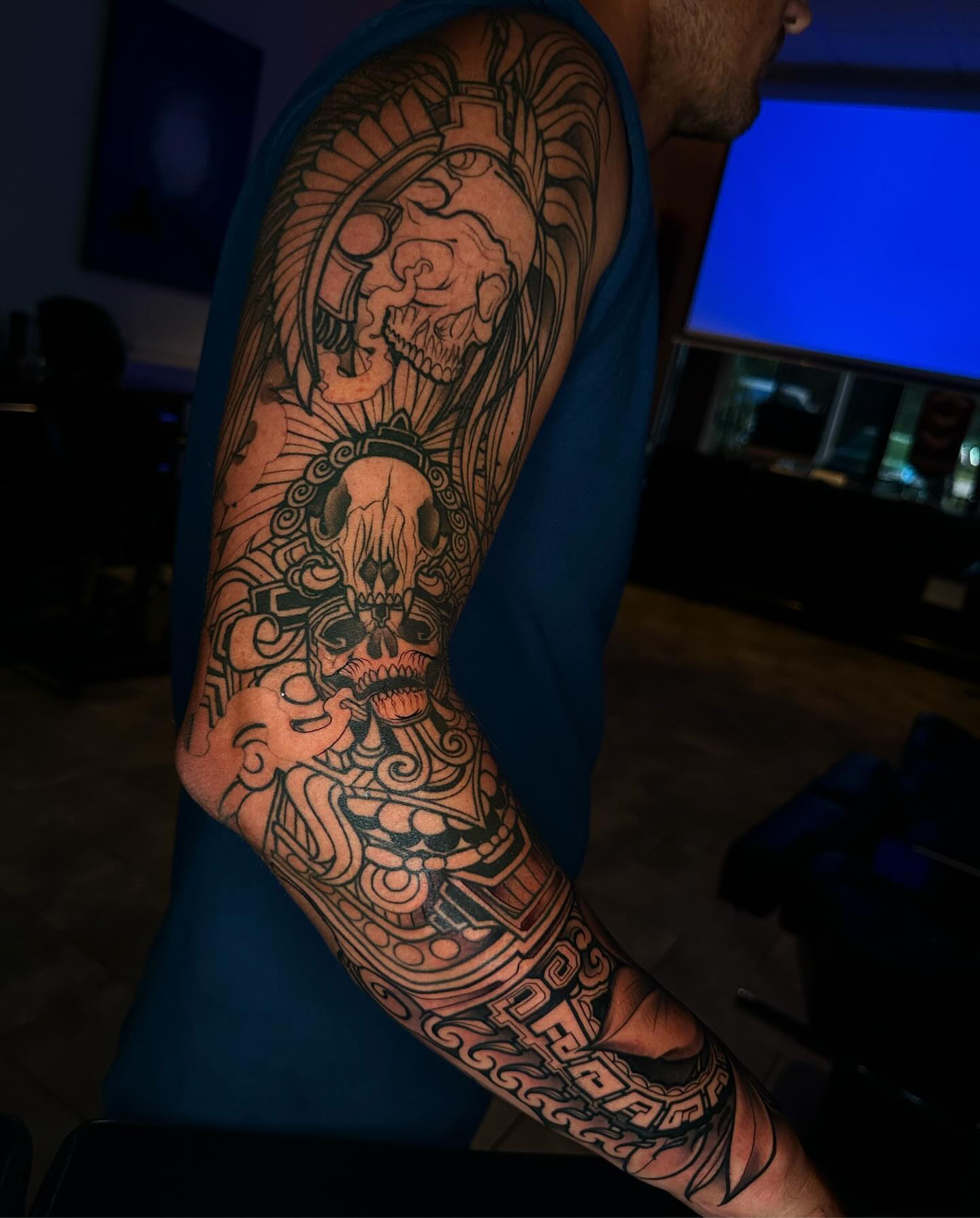 Skulls and ornamental patterns geometric tattoo on the forearm by Ryan K Severe