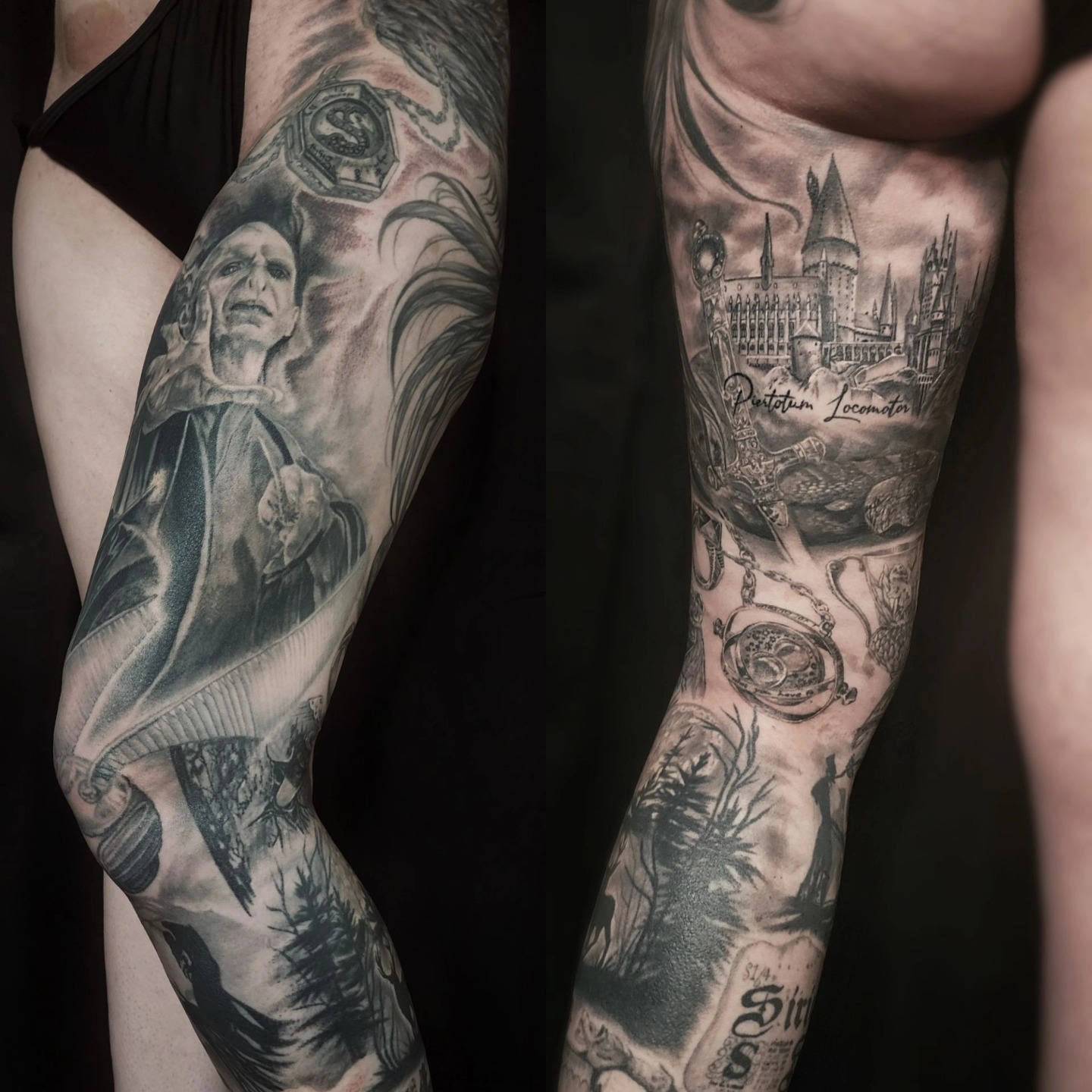 Harry Potter-themed sleeve realism tattoo by Neil Ohmie