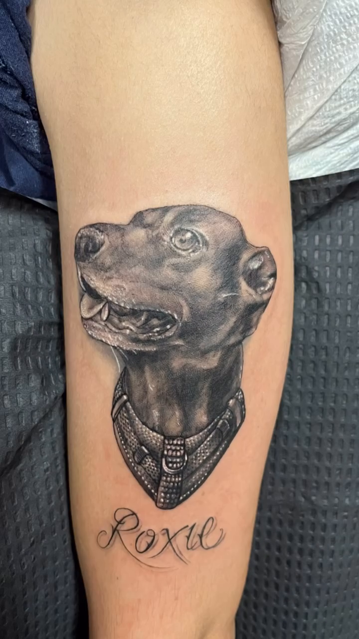 Dog portrait with name realism tattoo by Look