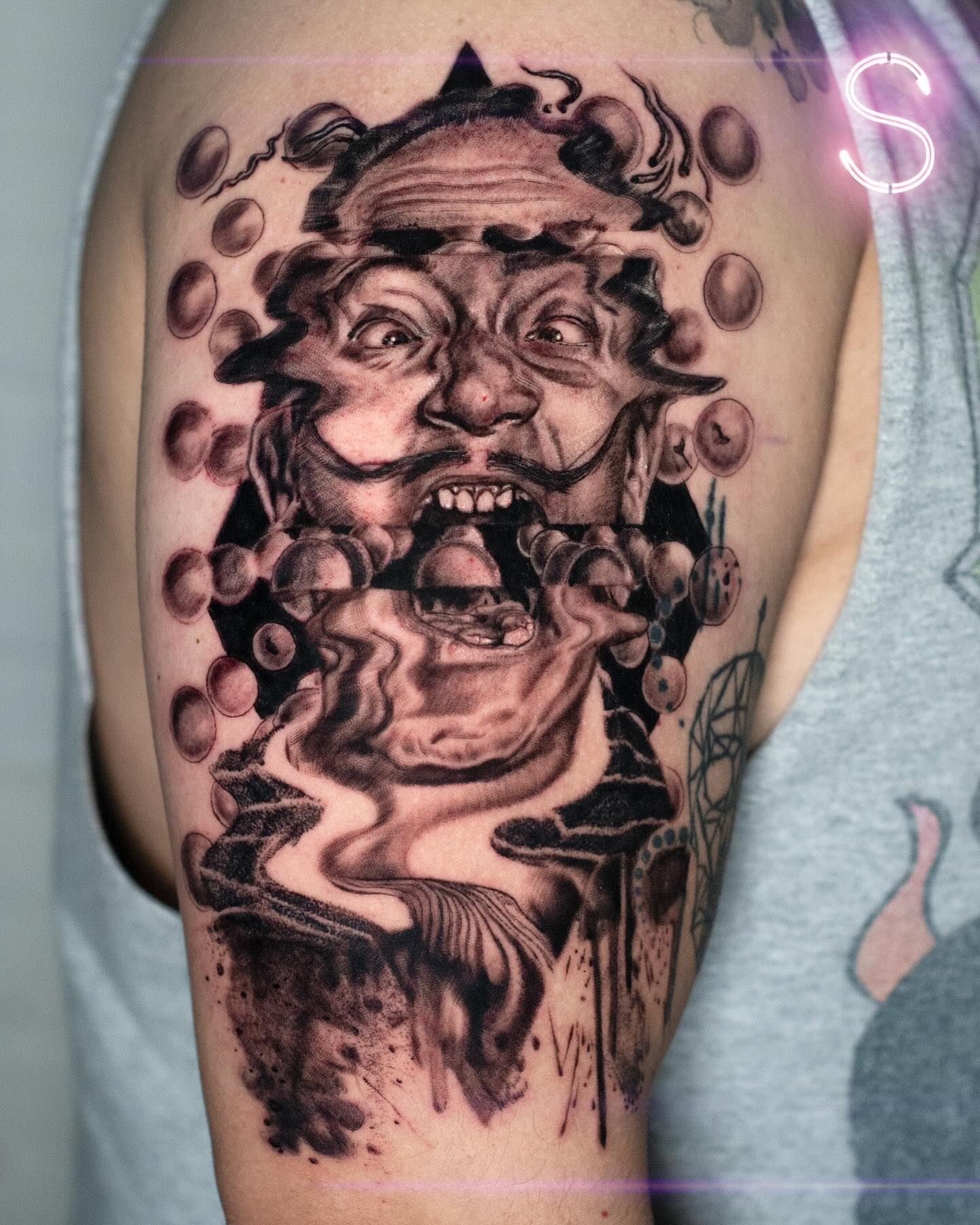 Tattoo by @mrsassy_tattoos — dotwork, surrealism