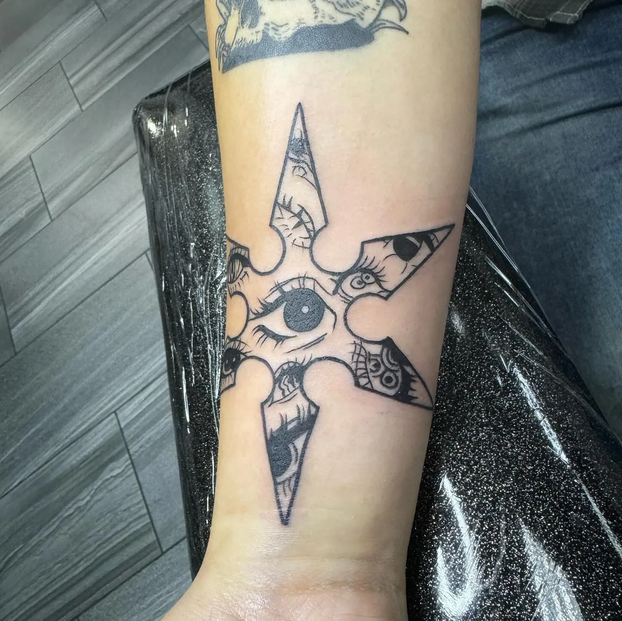 Eyes and dagger black and grey tattoo on the forearm by lizzy, Damascus, Maryland
