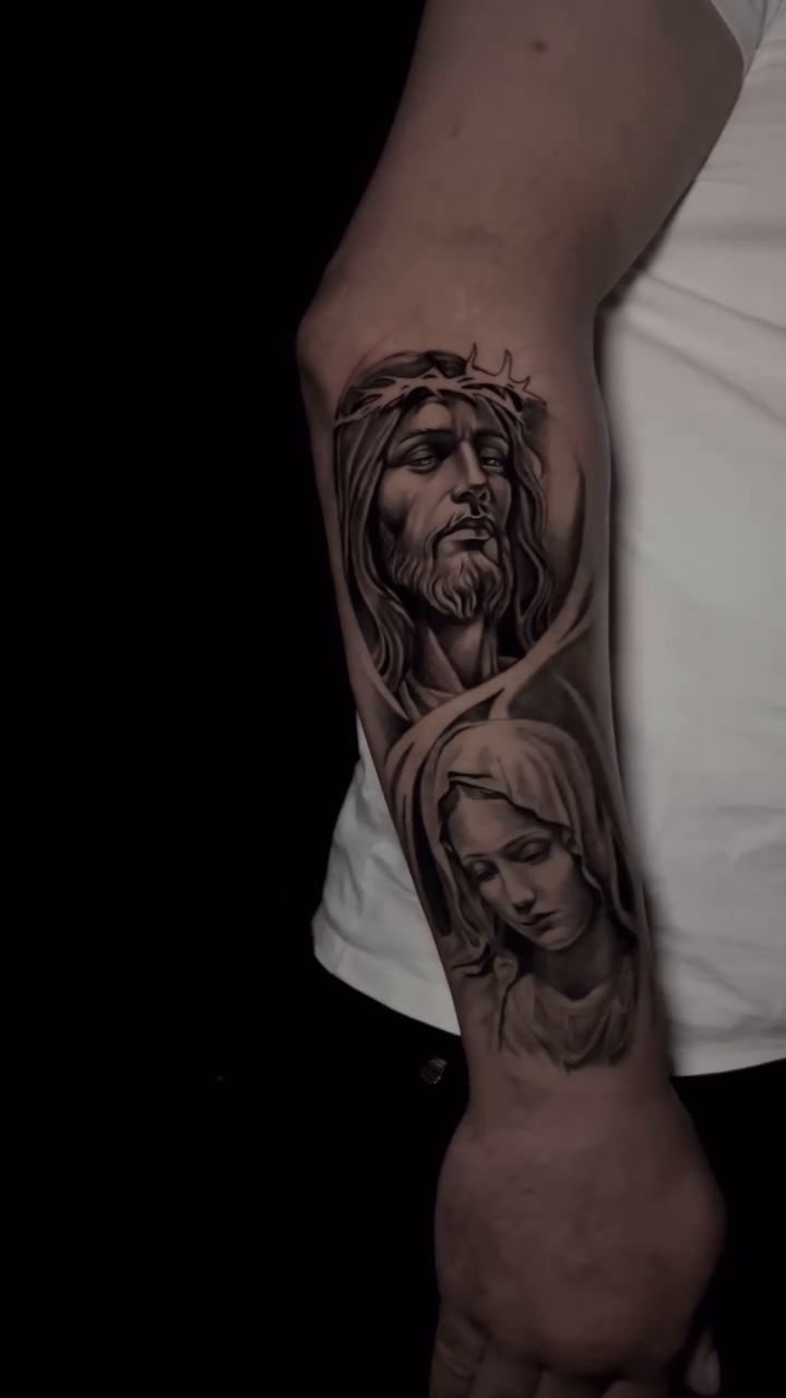 Jesus and Mary realism tattoo by Tommy Nguyen, Eastpointe, Michigan