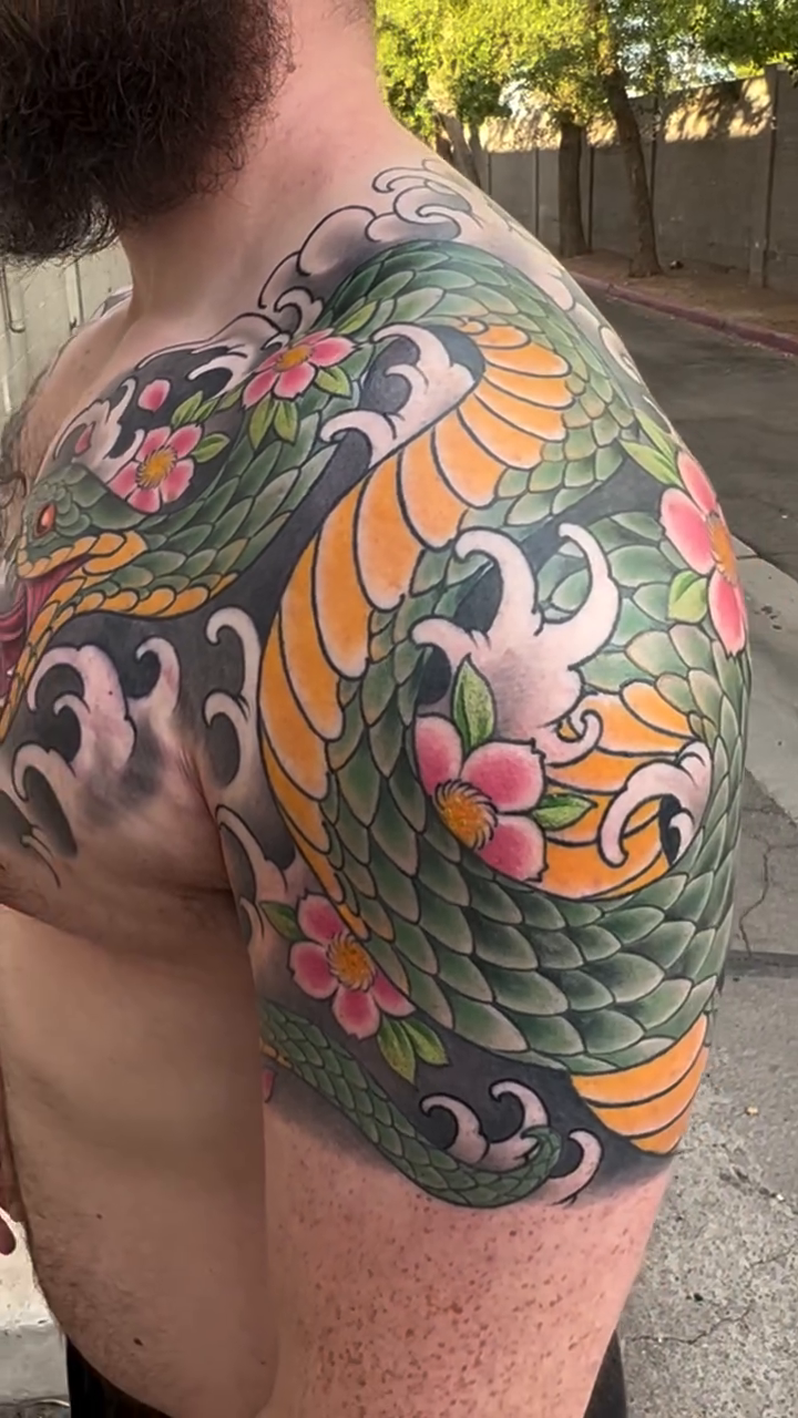 Snake and flowers japanese irezumi tattoo by Byron Winkelman, Gilbert, Arizona