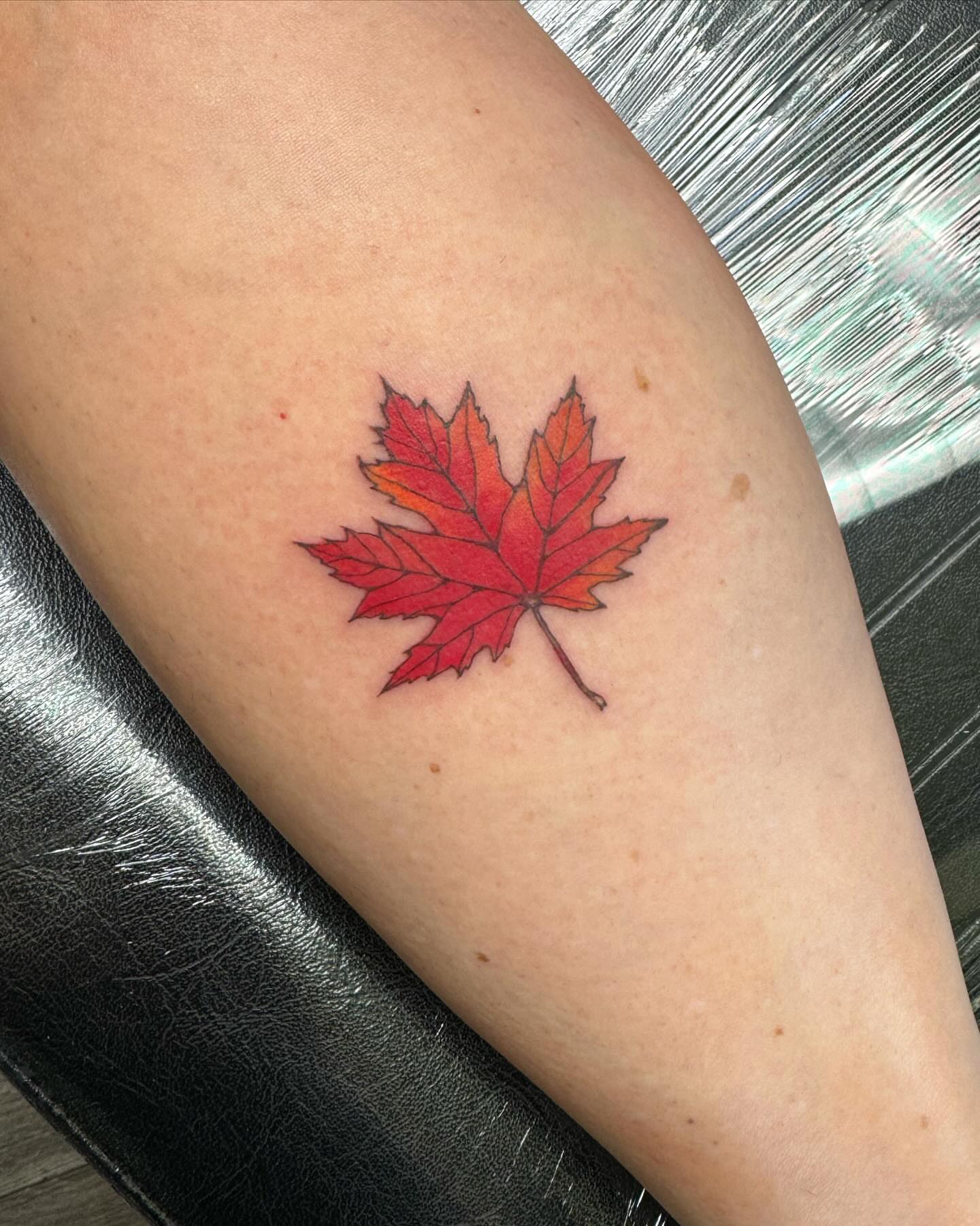 Maple leaf realism tattoo on the forearm by Robyn Mahon