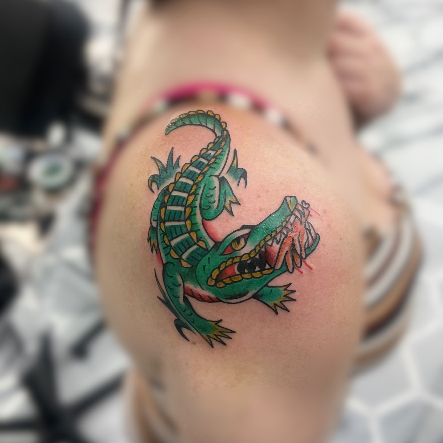 Alligator American traditional tattoo on the shoulder by Austin Jones