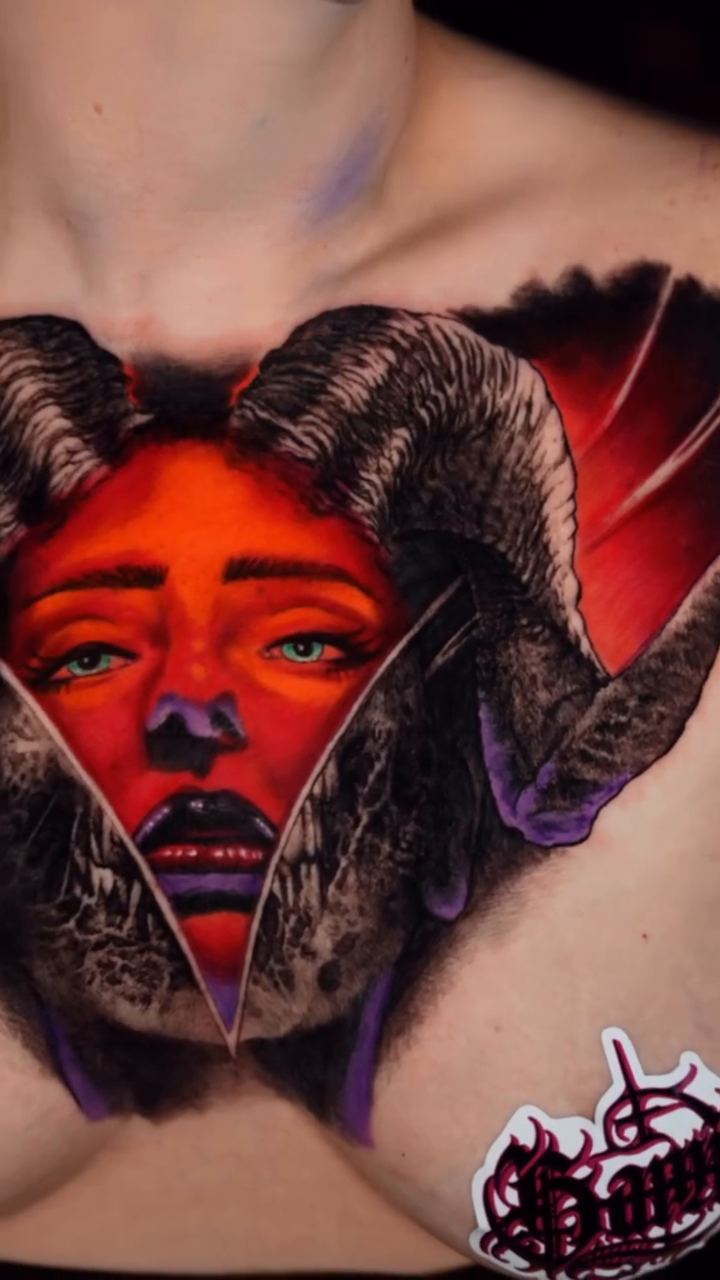 Demonic face with horns realism tattoo by Joseph Delaparra