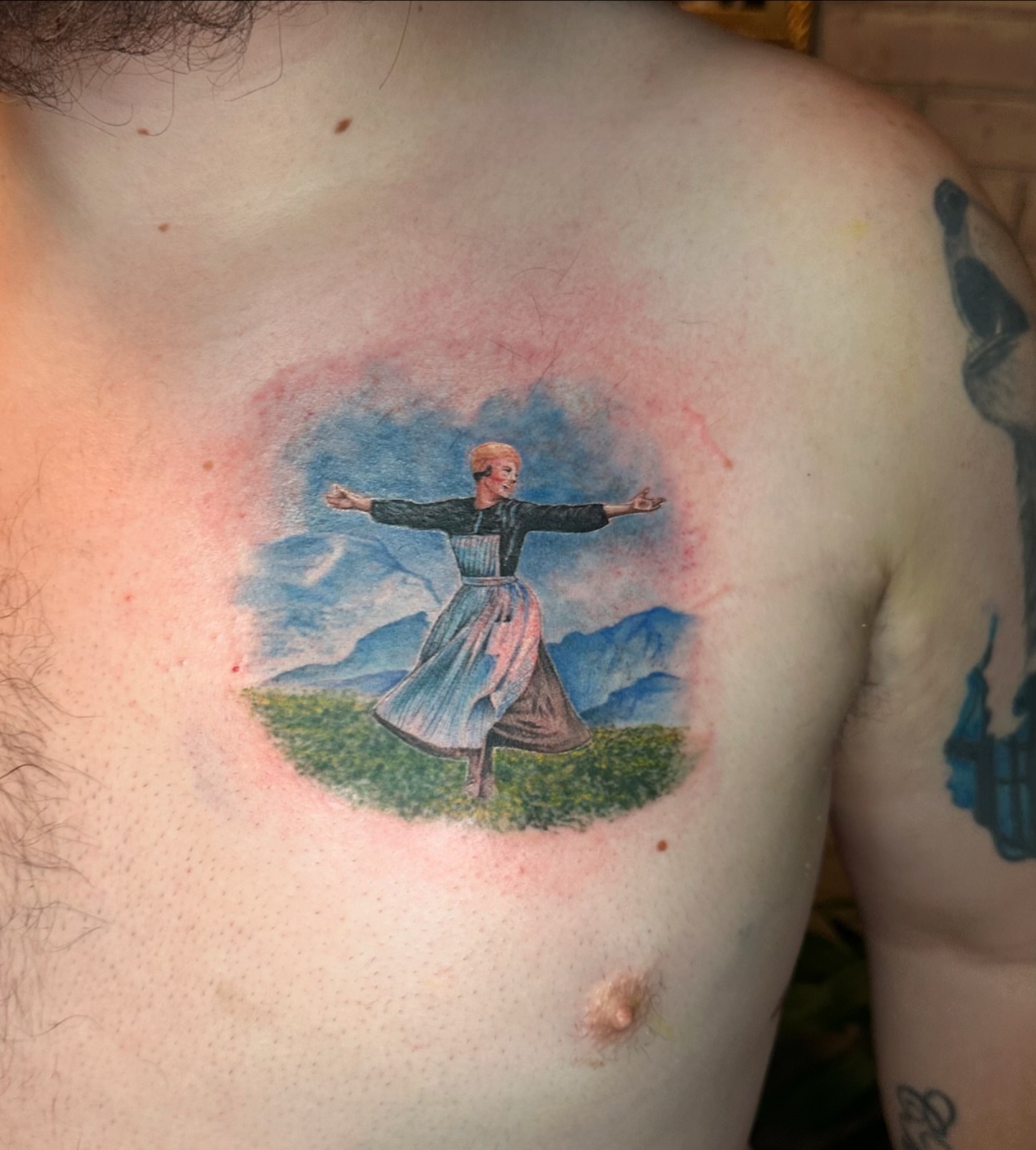 Dancer in landscape watercolor tattoo on the chest by Steph ❤️‍🔥 New Jersey Tattoo Artist