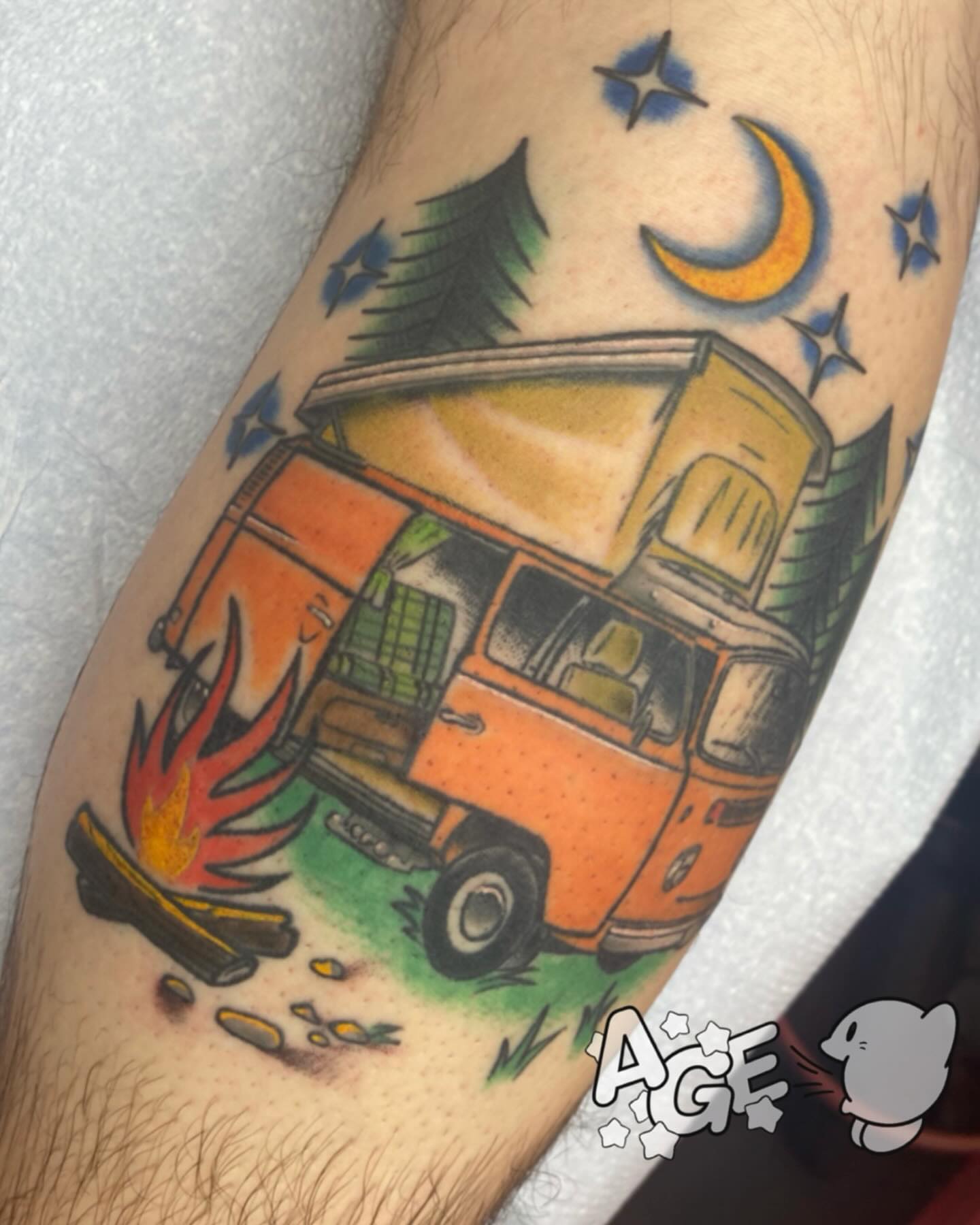 Camper van American traditional tattoo on the forearm by Otaku and Gamer Tattooer