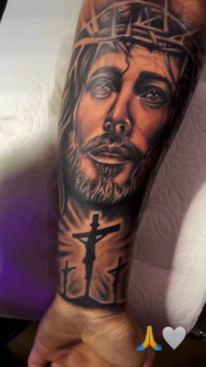 Jesus Christ portrait with crosses realism tattoo by Summer Rain