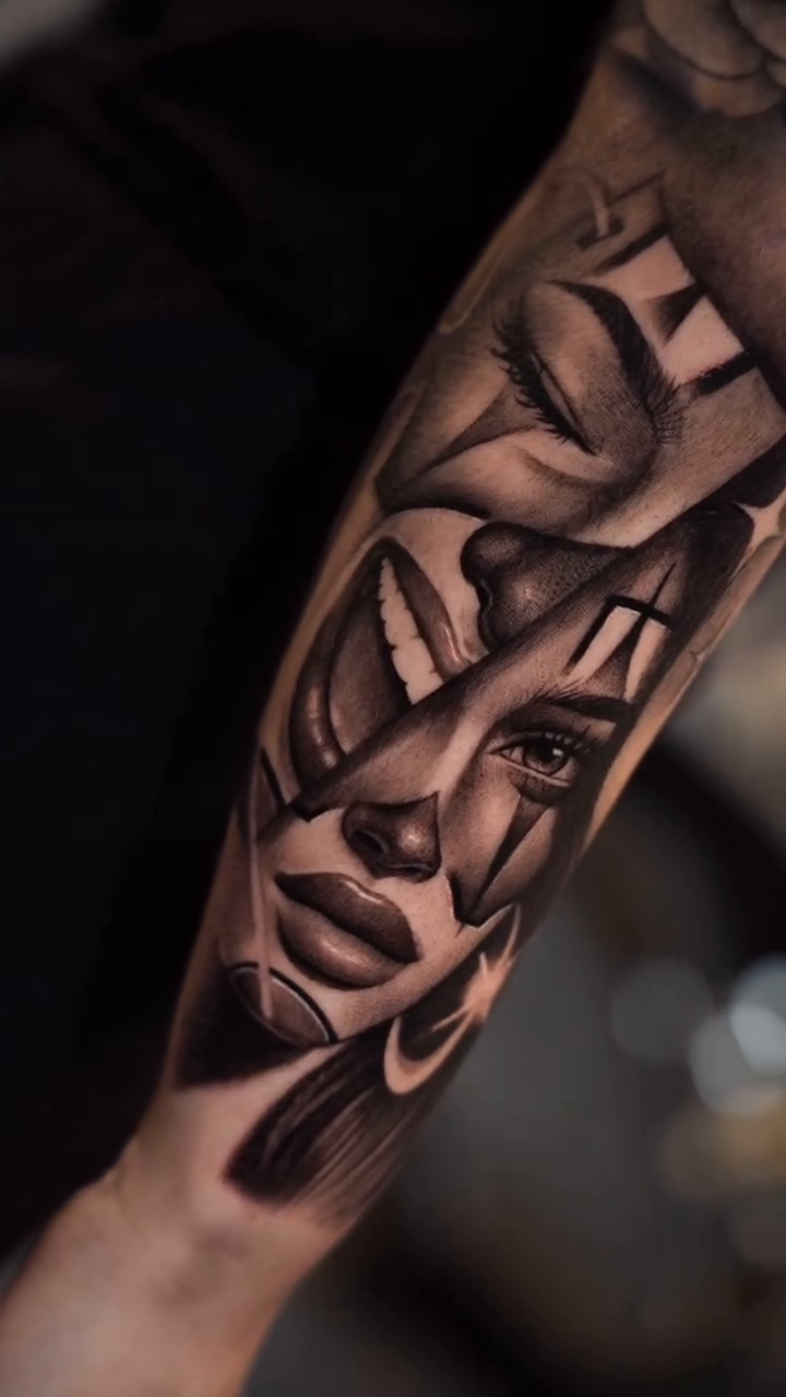Two faces, one smiling, one crying Chicano tattoo by Risa