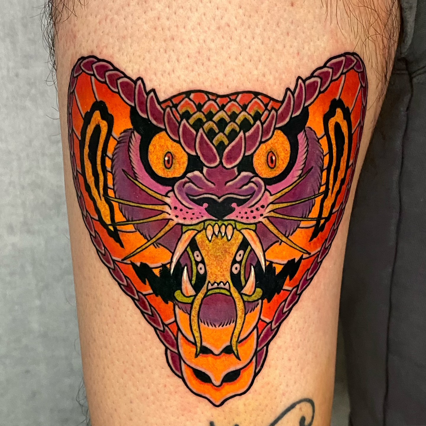 Tiger head American traditional tattoo on the thigh by Mitch Bonifay