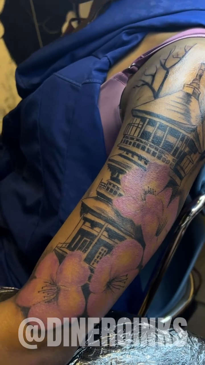 Pagoda and cherry blossoms japanese irezumi tattoo by Dinero Inks