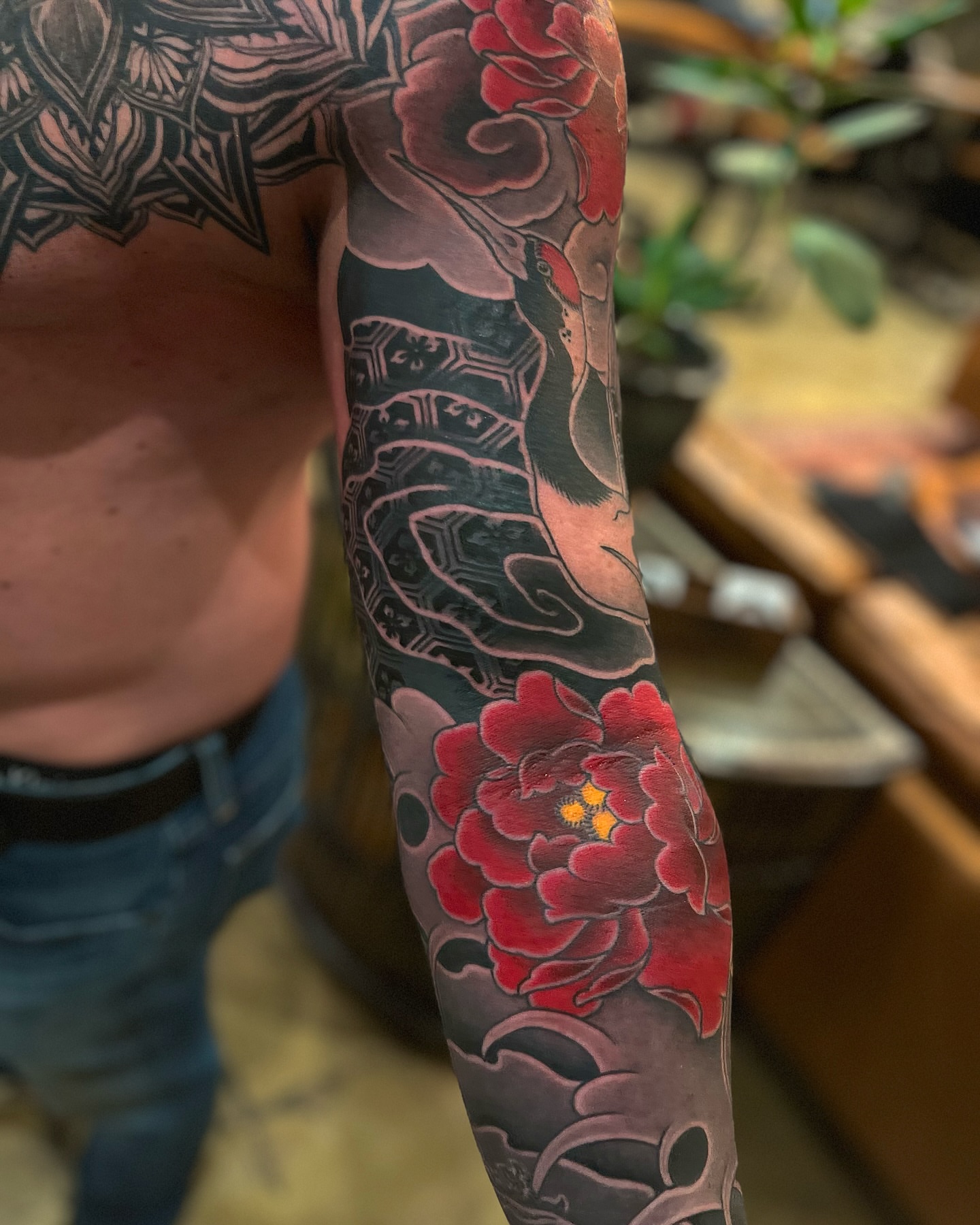 Peony and dragon japanese irezumi tattoo on the forearm by CHUN (Chungyu Seong)