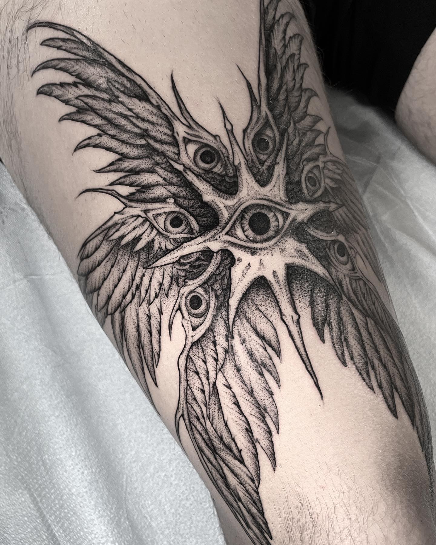 Owl dotwork tattoo on the forearm by Sofia Rose