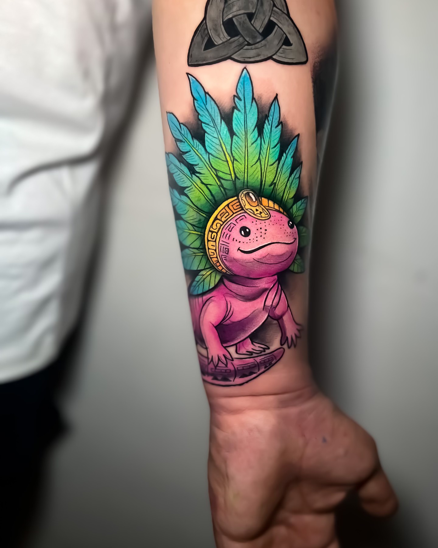 Axolotl with cannabis leaves new school tattoo on the forearm by ⚜️Lalo Godina Tattoo⚜️