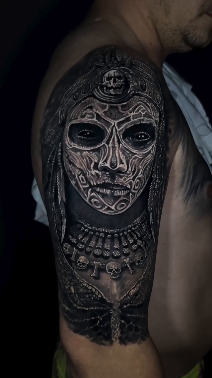 Day of the Dead woman dark realism tattoo by Duniel Garcia