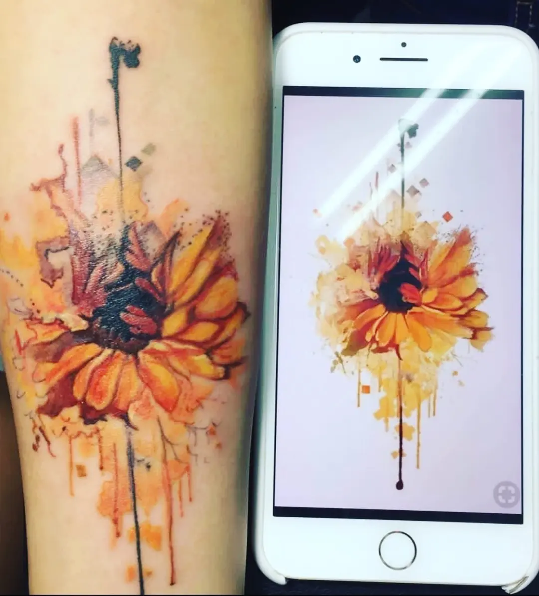 Sunflower watercolor tattoo on the forearm by Gabriel Garcia