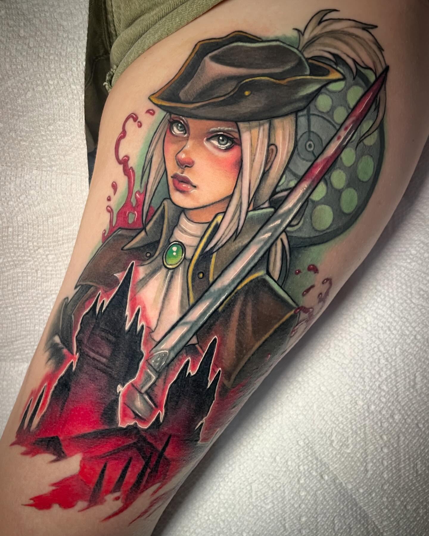 Pirate girl realism tattoo on the thigh by Leah Marie, Cincinnati