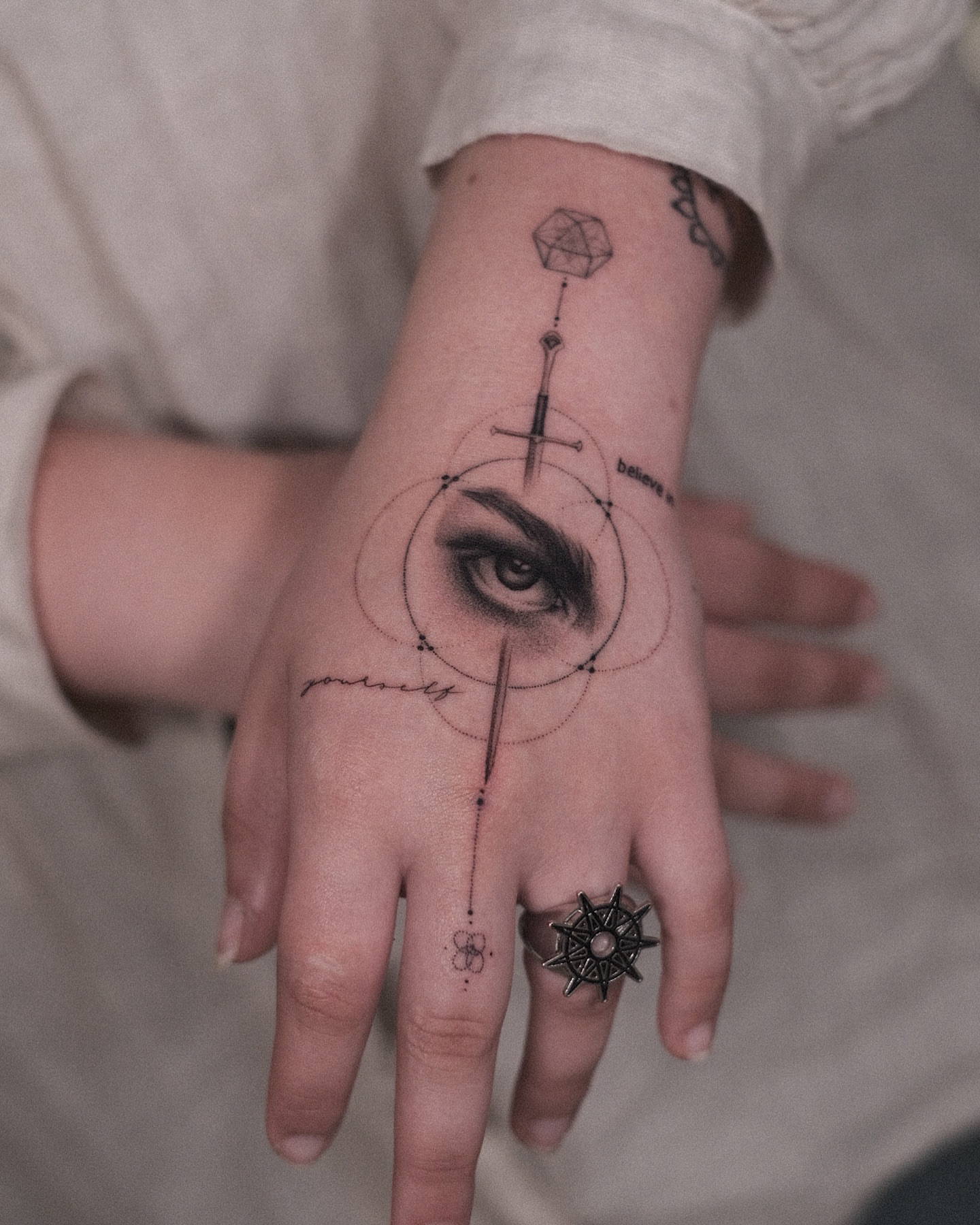 Eye and geometric shapes geometric tattoo on the hand by Oleksandr Moroz