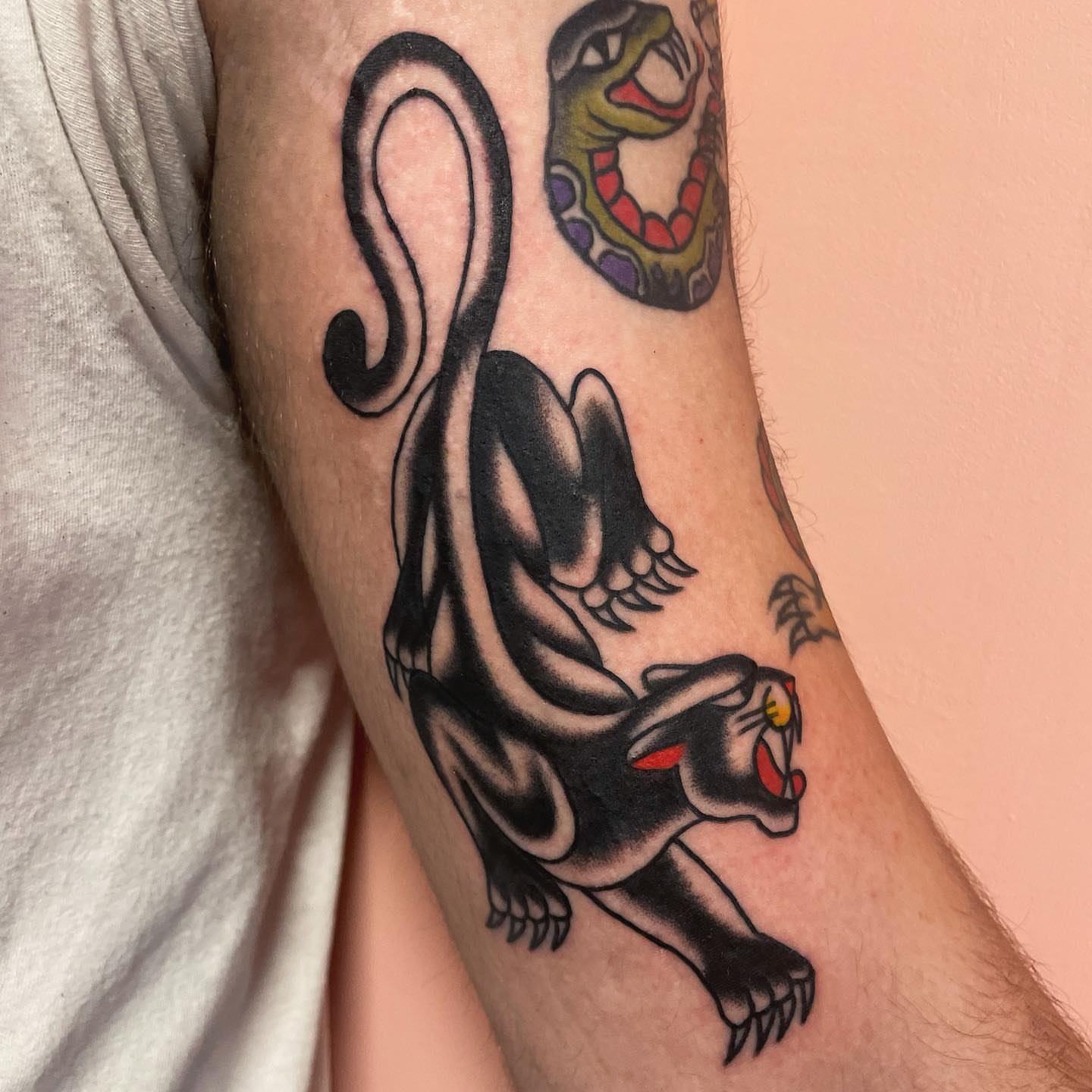 Panther American traditional tattoo on the forearm by nancy❣️