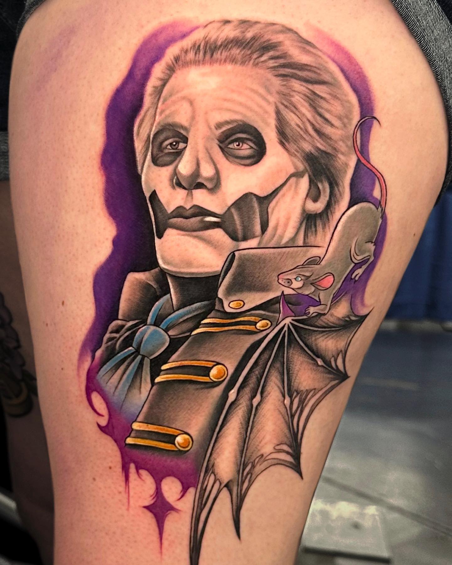 Beetlejuice character realism tattoo on the thigh by Chynna J El-Ayazra
