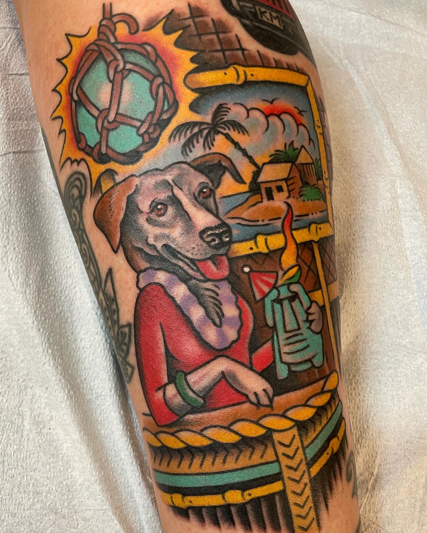 Dog wearing sweater American traditional tattoo on the forearm by Grandma Approved, Chicago, Illinois