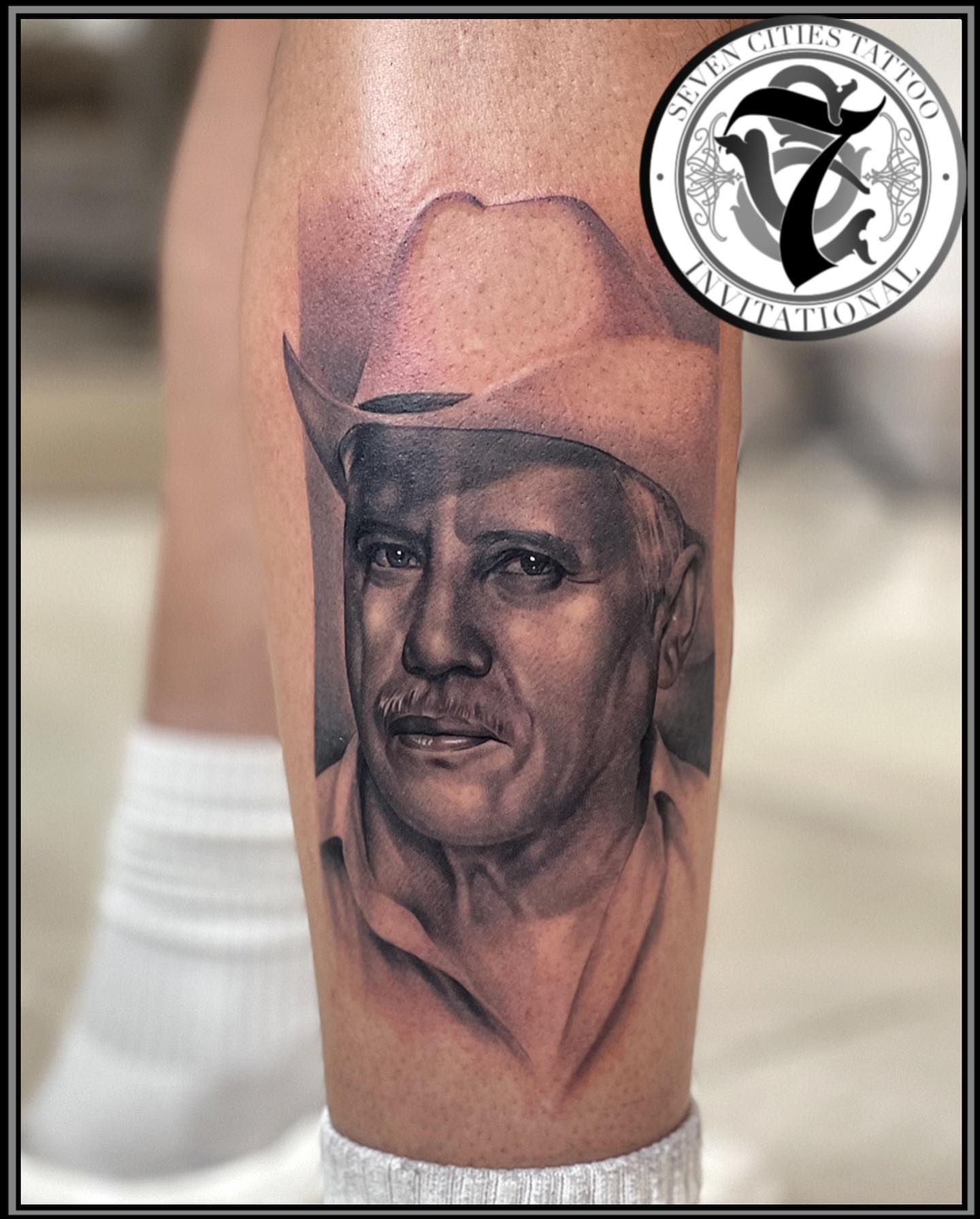 Man wearing cowboy hat realism tattoo on the forearm by Anthony Michaels, Tucson, Arizona