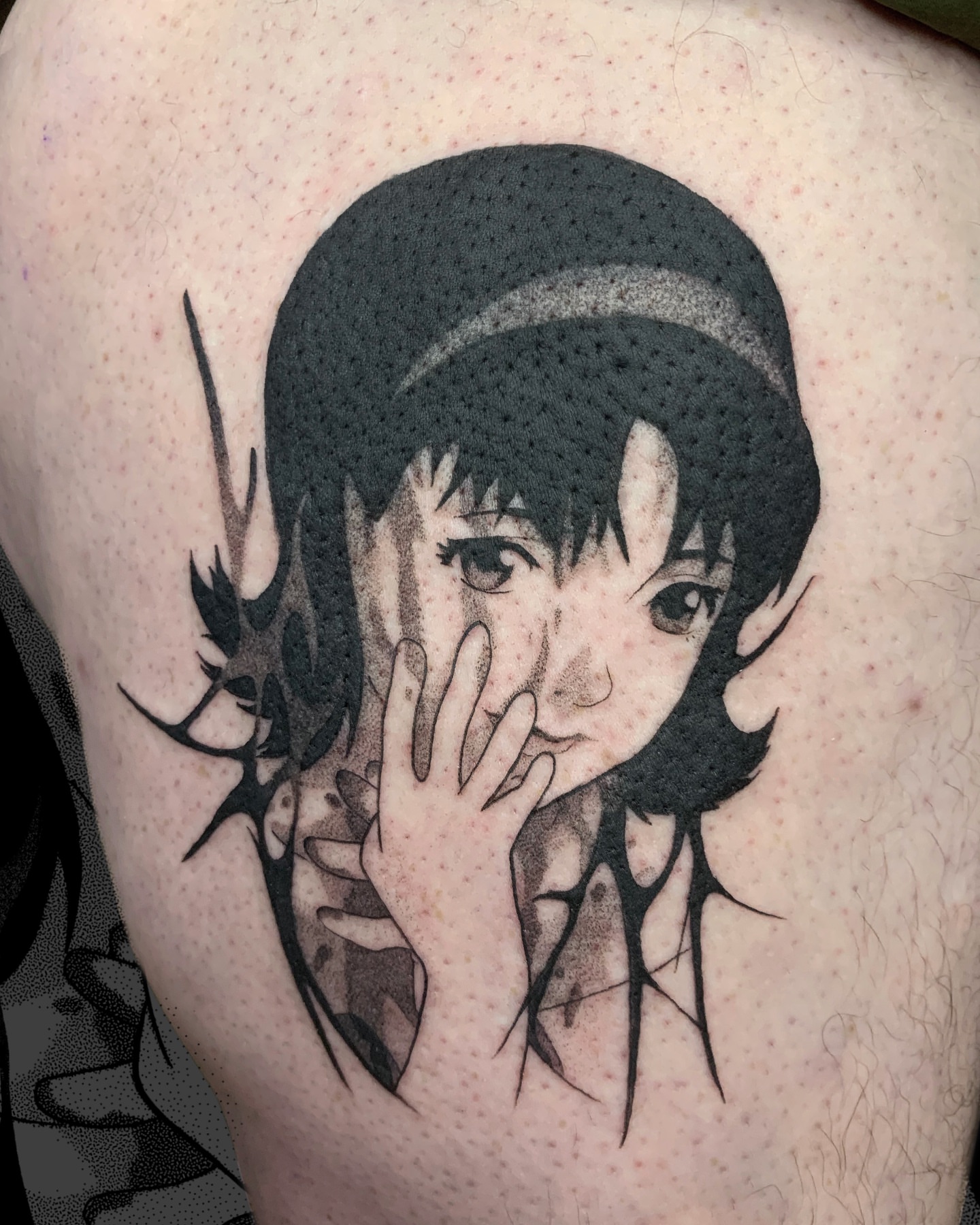 Anime character dotwork tattoo on the shoulder by Sarah
