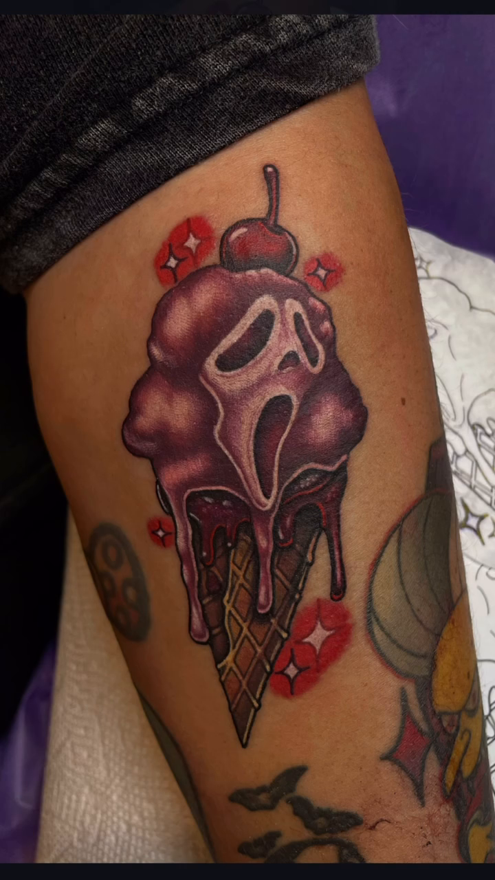 Scream mask ice cream cone dark realism tattoo by Alexandra Fische