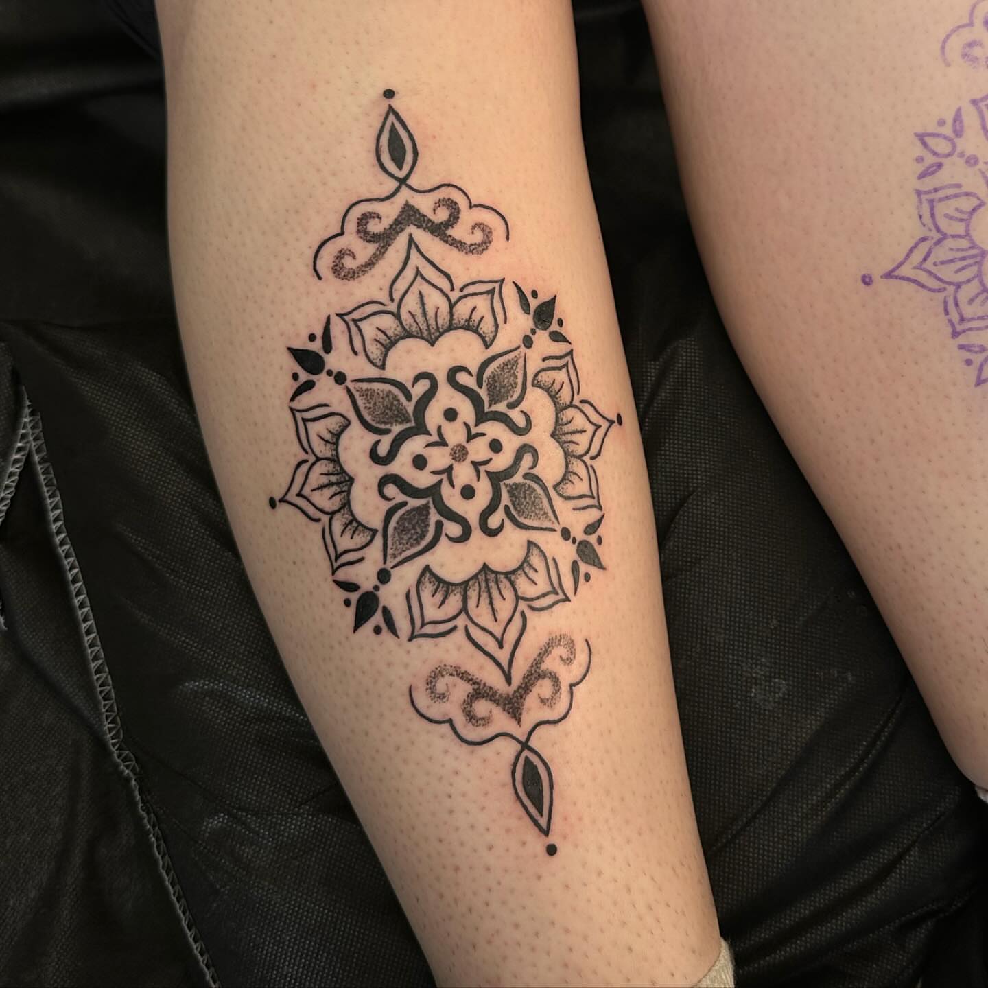 Lotus flower dotwork tattoo on the forearm by Kerusha (Bay Area Tattoo Artist)