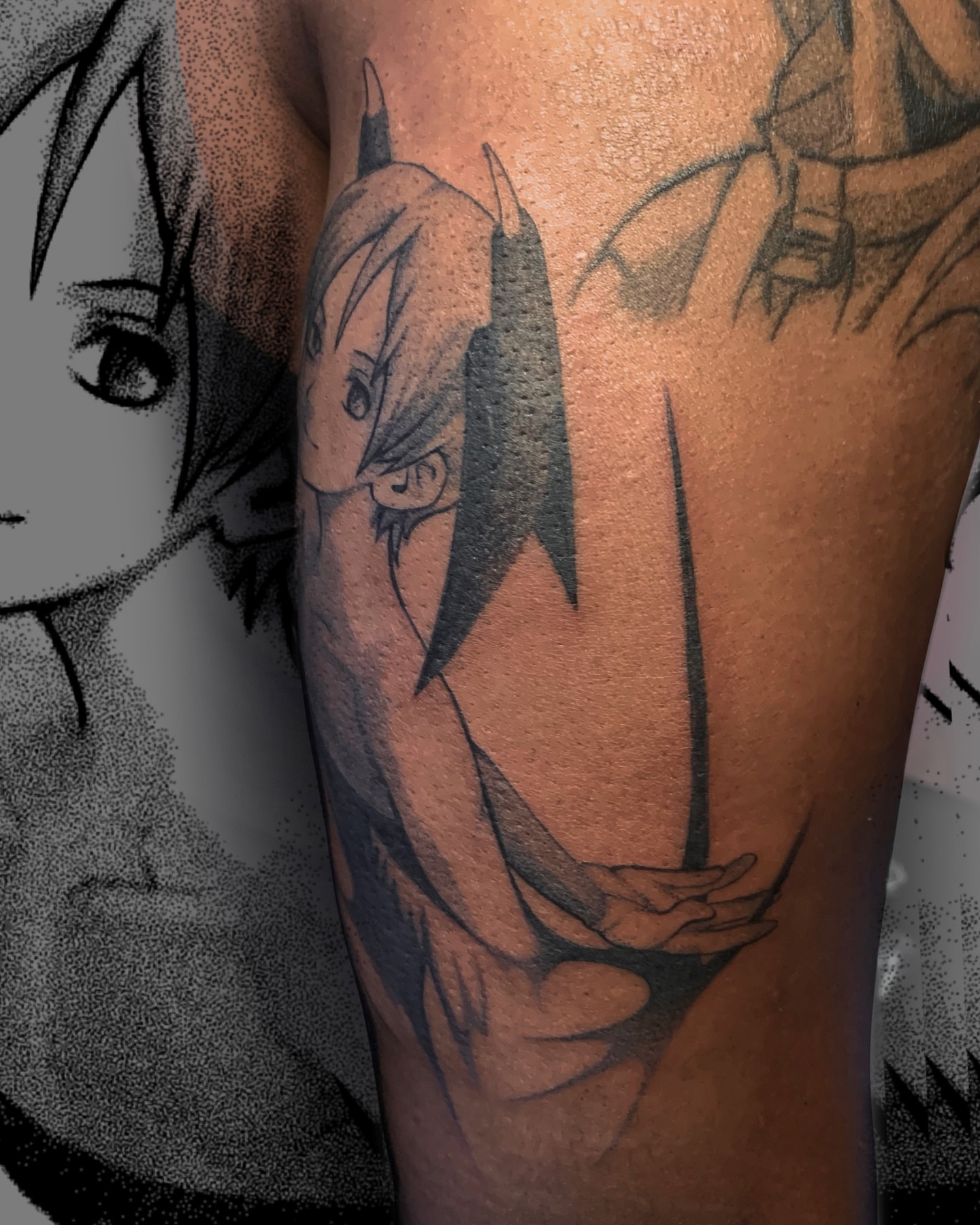 Anime character dotwork tattoo on the forearm by Sarah