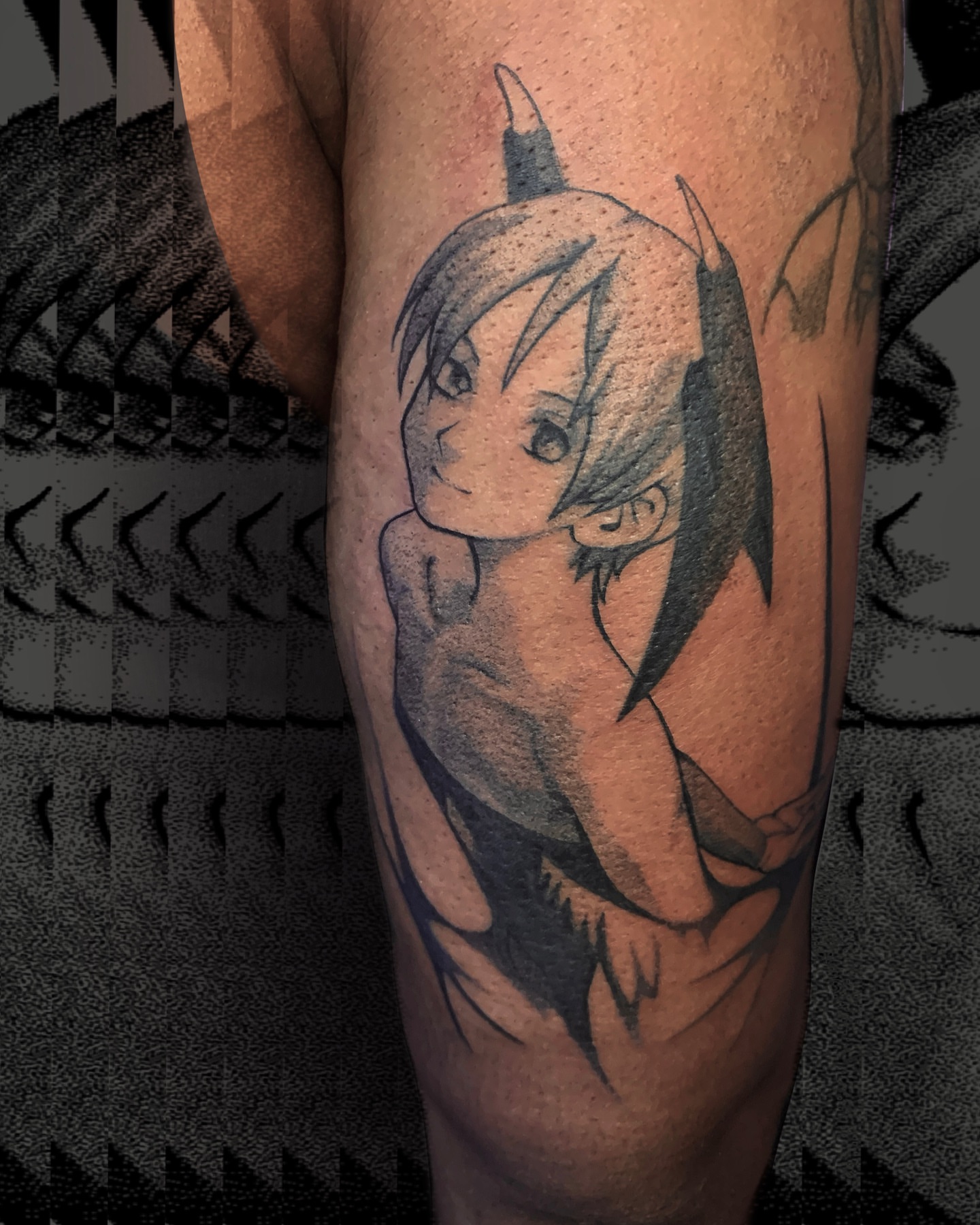 Anime character dotwork tattoo on the forearm by Sarah