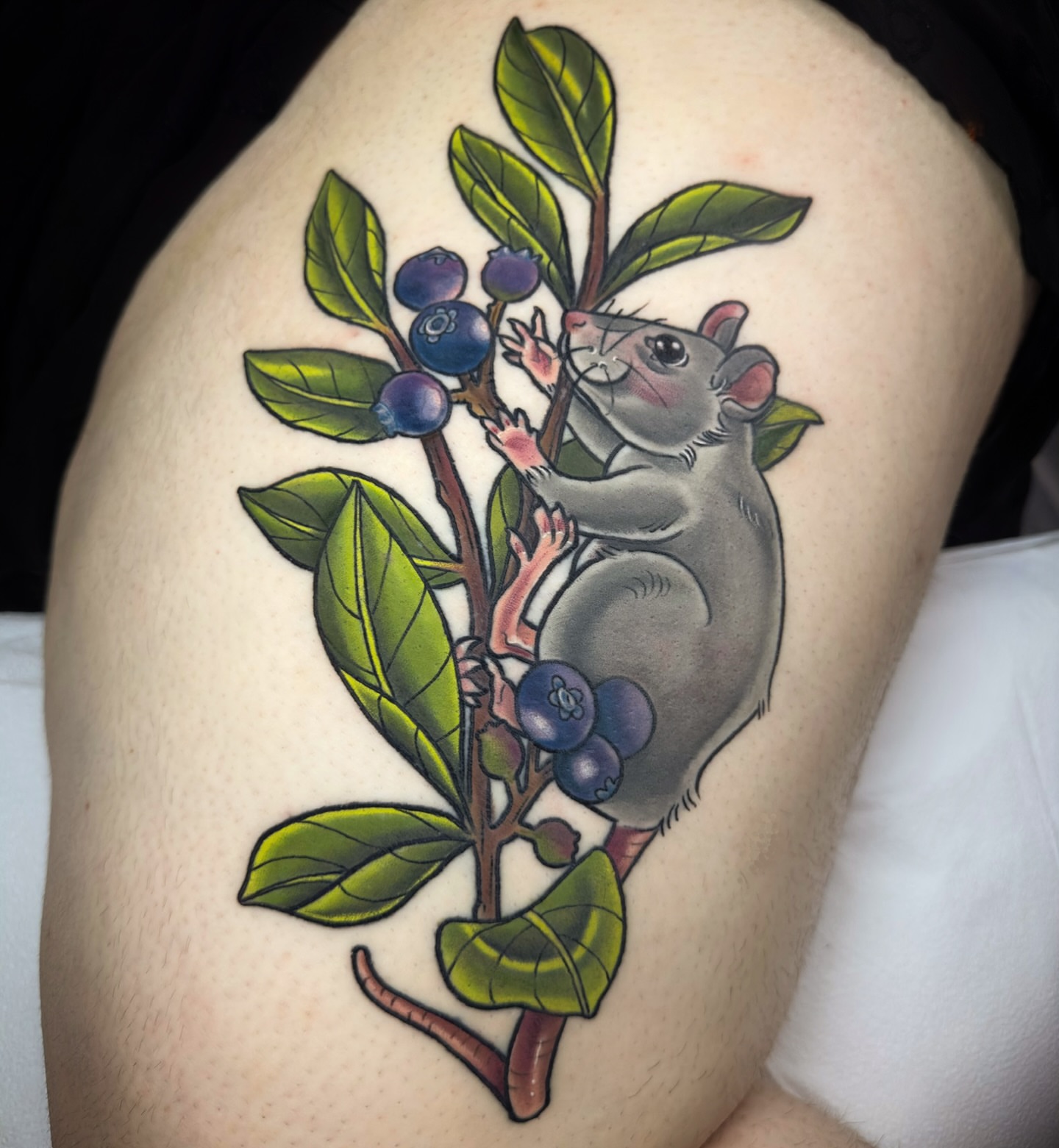 Mouse and blueberries American traditional tattoo on the thigh by ✨Sarah Knapp✨, Eugene, Oregon