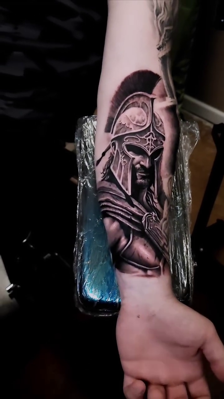 Spartan warrior portrait realism tattoo by David R
