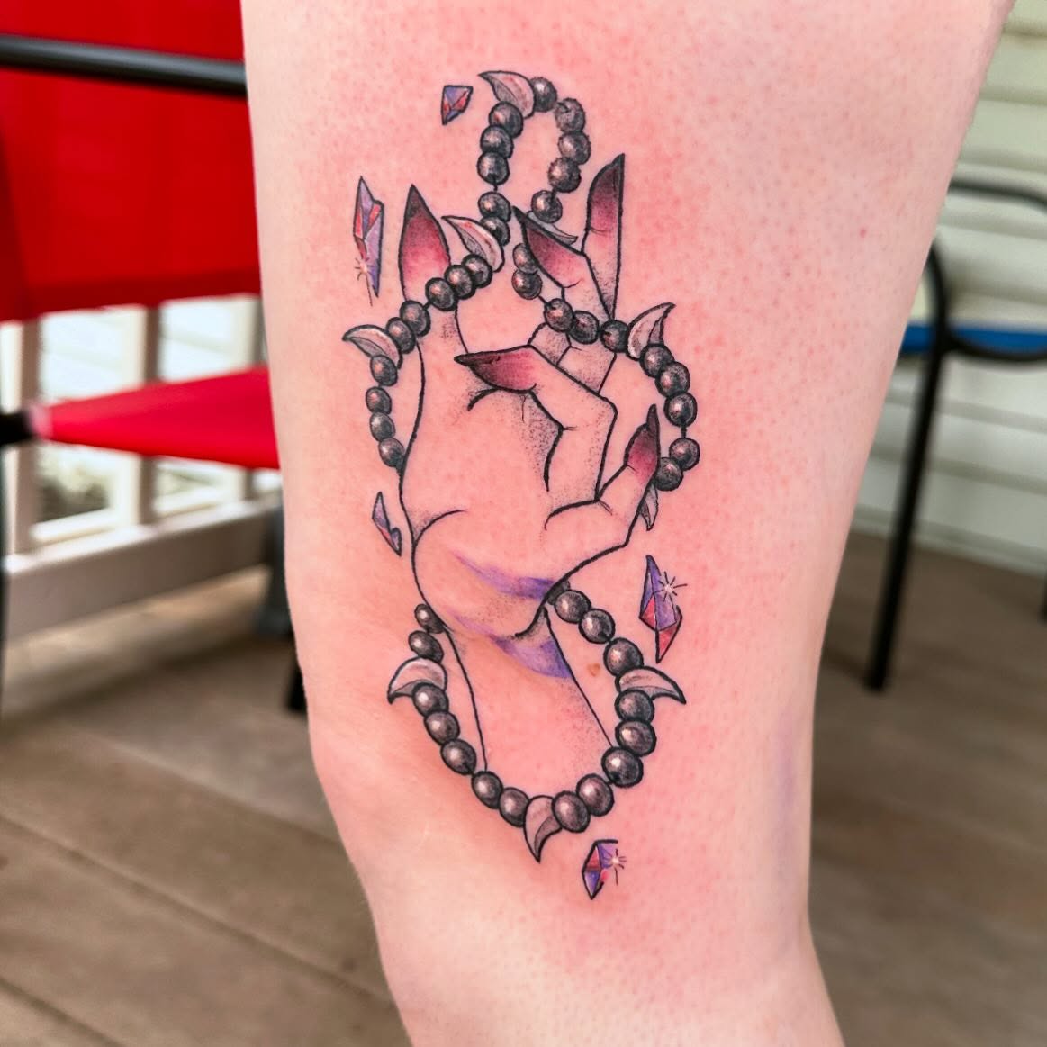 Hand with beads geometric tattoo on the forearm by manda, Lebanon, Ohio