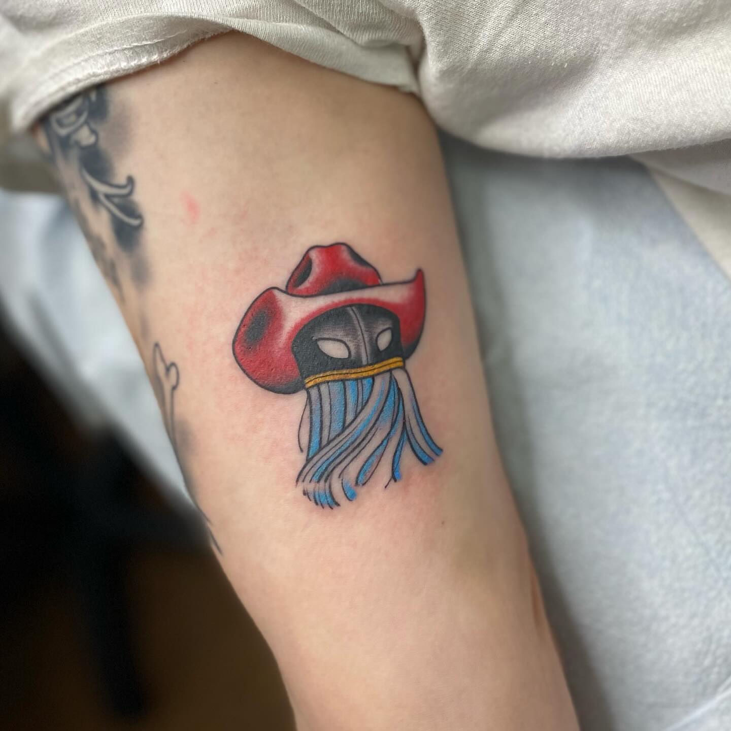 Pirate mask dotwork tattoo on the forearm by Hildur Blom, Seattle, Washington