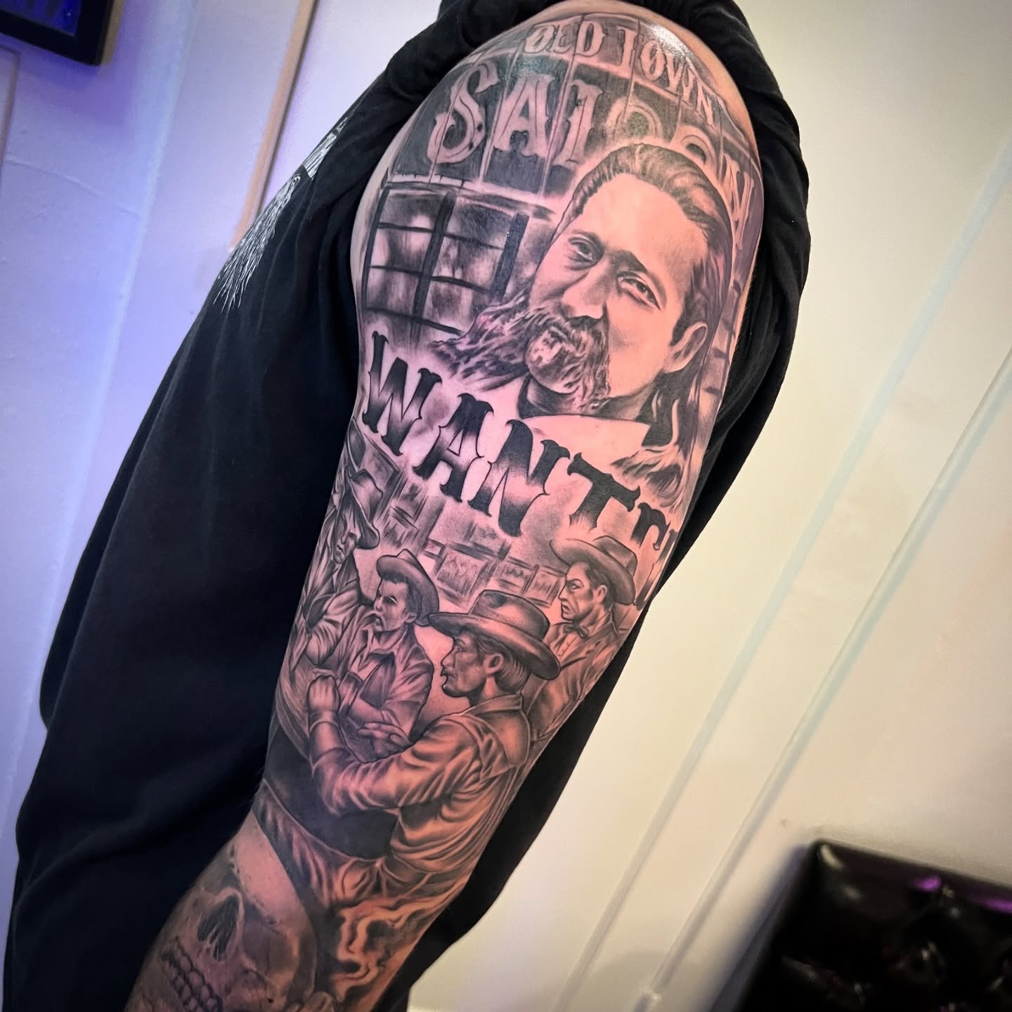 Western wanted poster American traditional tattoo on the forearm by ⠀⠀ ⠀ ⠀ ⠀⠀ ⠀⠀ ⠀⠀ ⠀ ⠀⠀ ⠀⠀ᎪᎳᏃ, West Hollywood, California
