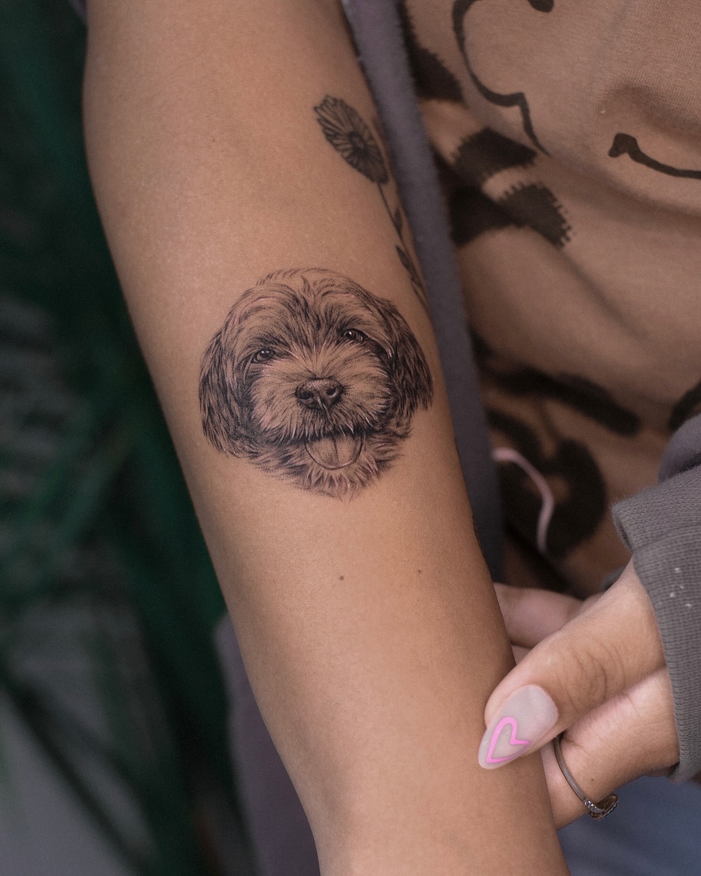 Dog realism tattoo on the forearm by Kate