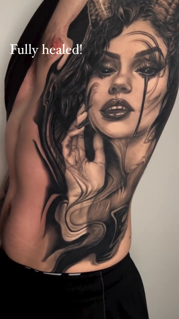 Demonic woman dark realism tattoo by Kitty