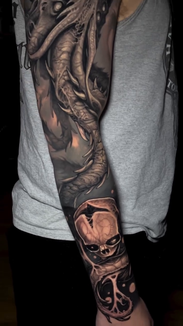 Tattoo by @aaronmtattoos — dark_realism, black_and_grey