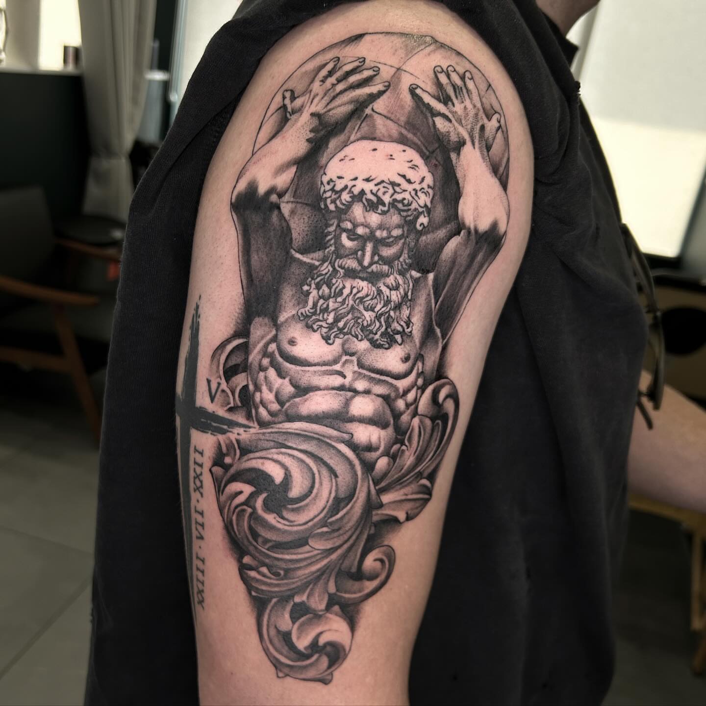 God-like figure realism tattoo on the shoulder by Ryan Futterman