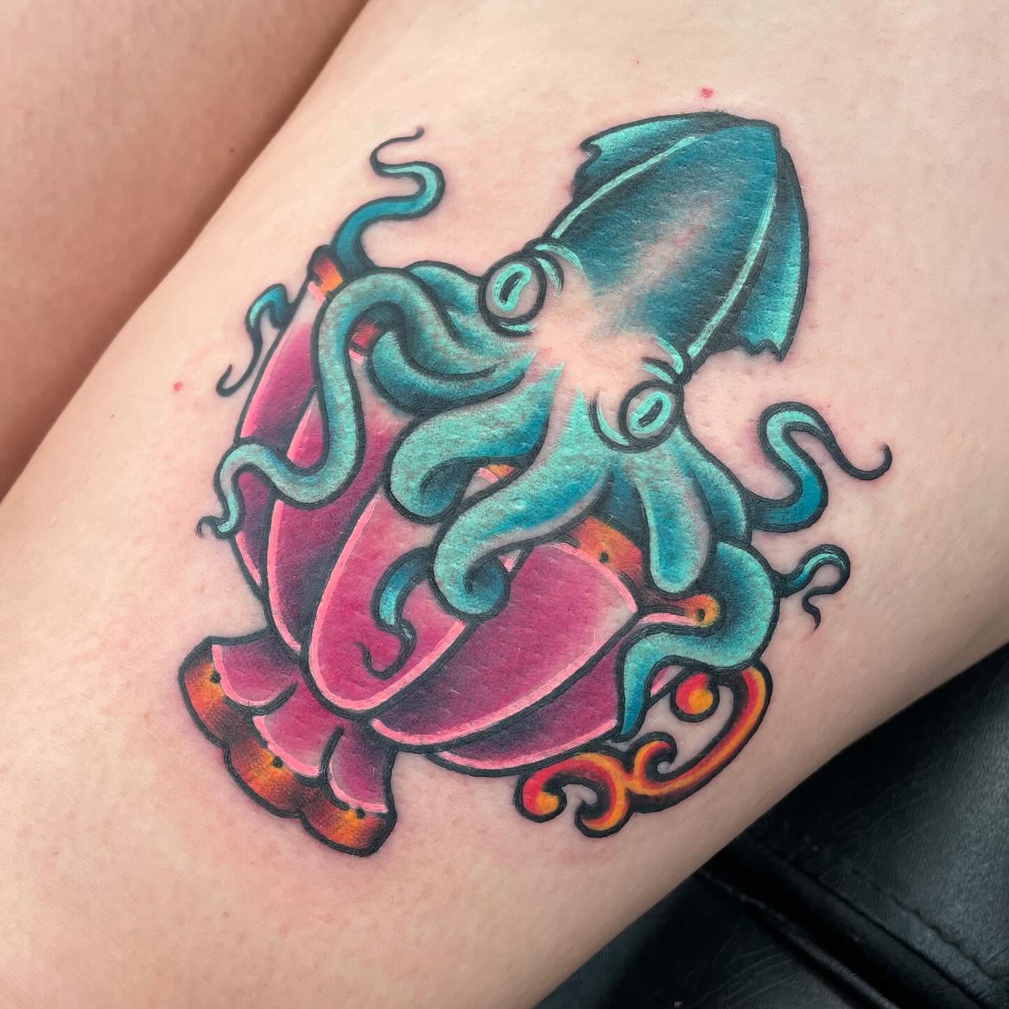 Squid American traditional tattoo on the thigh by β¦ πΉπππ π°ππ π·ππππππππ β¦, Nashville, Tennessee