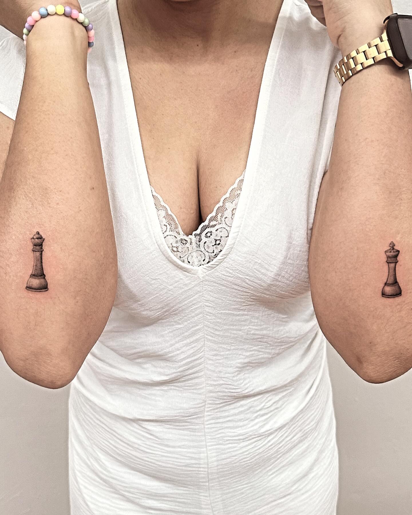 Chess piece black and grey tattoo on the forearm by ⠀Joey Rosado