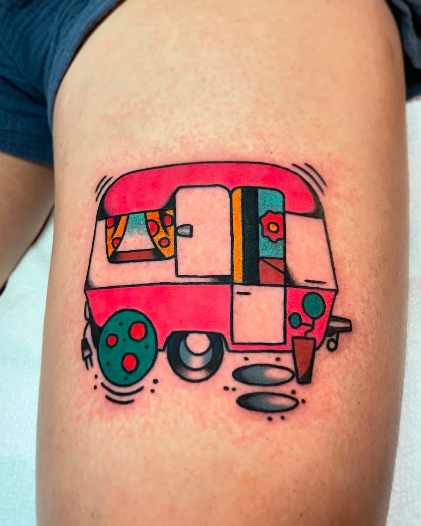 Auto-rickshaw American traditional tattoo on the thigh by Jacob, Marion, Illinois