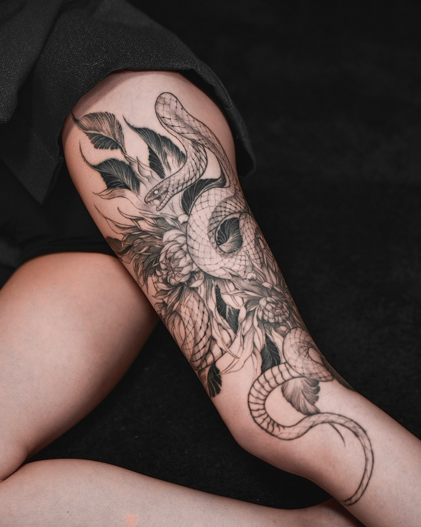 Snake and peony realism tattoo on the forearm by ๐
๐๐๐
