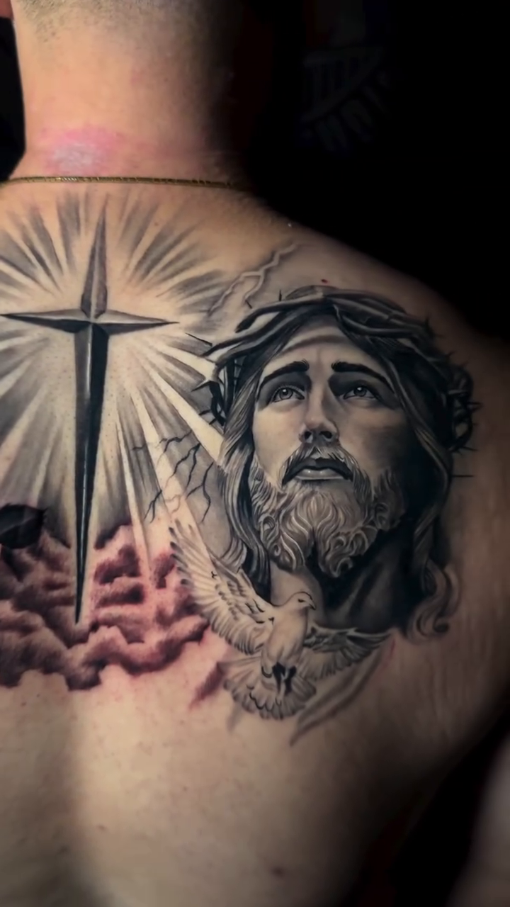 Jesus Christ and Virgin Mary realism tattoo by Brayan Molina