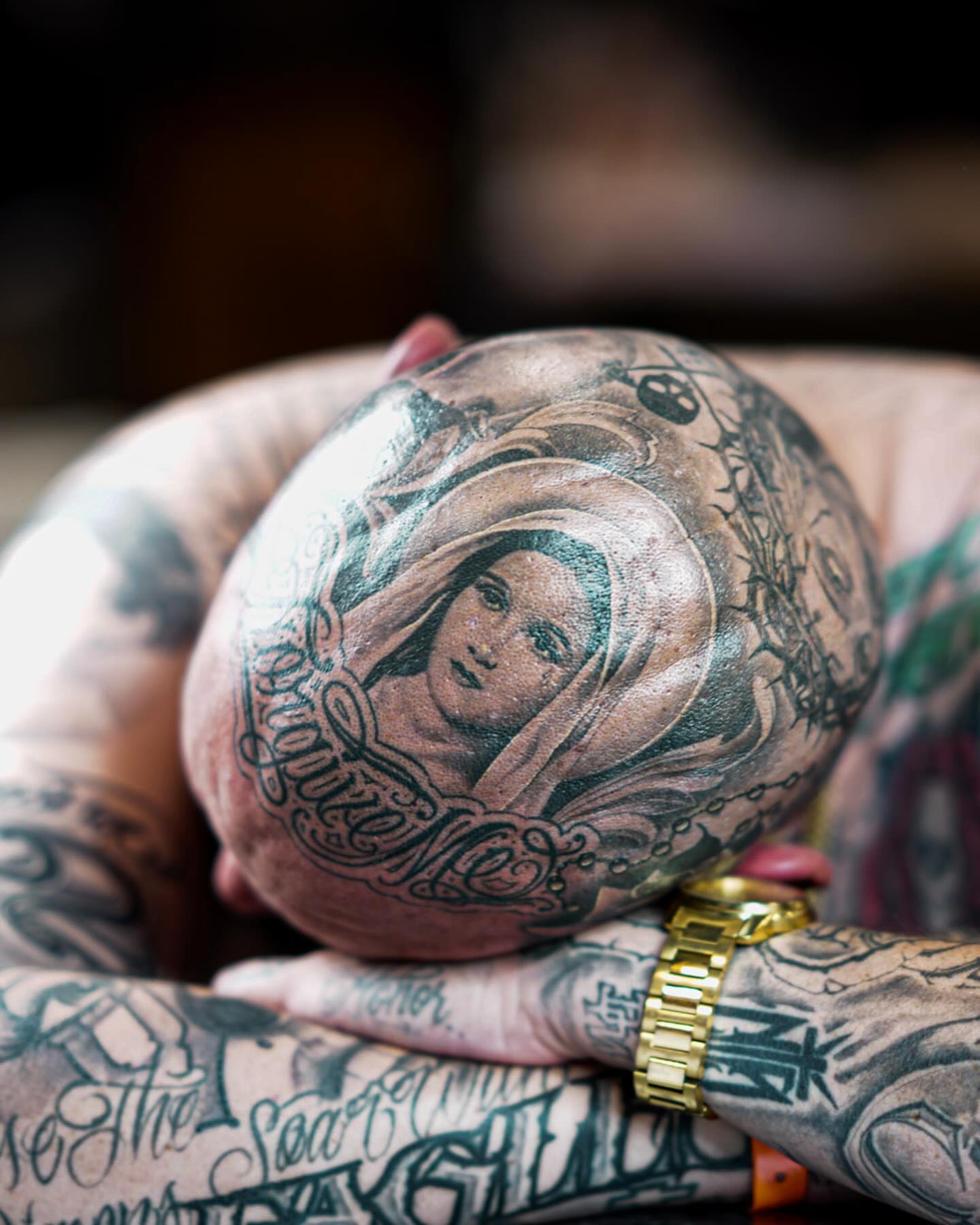 Religious figure realism tattoo on the torso by Thomas Conard